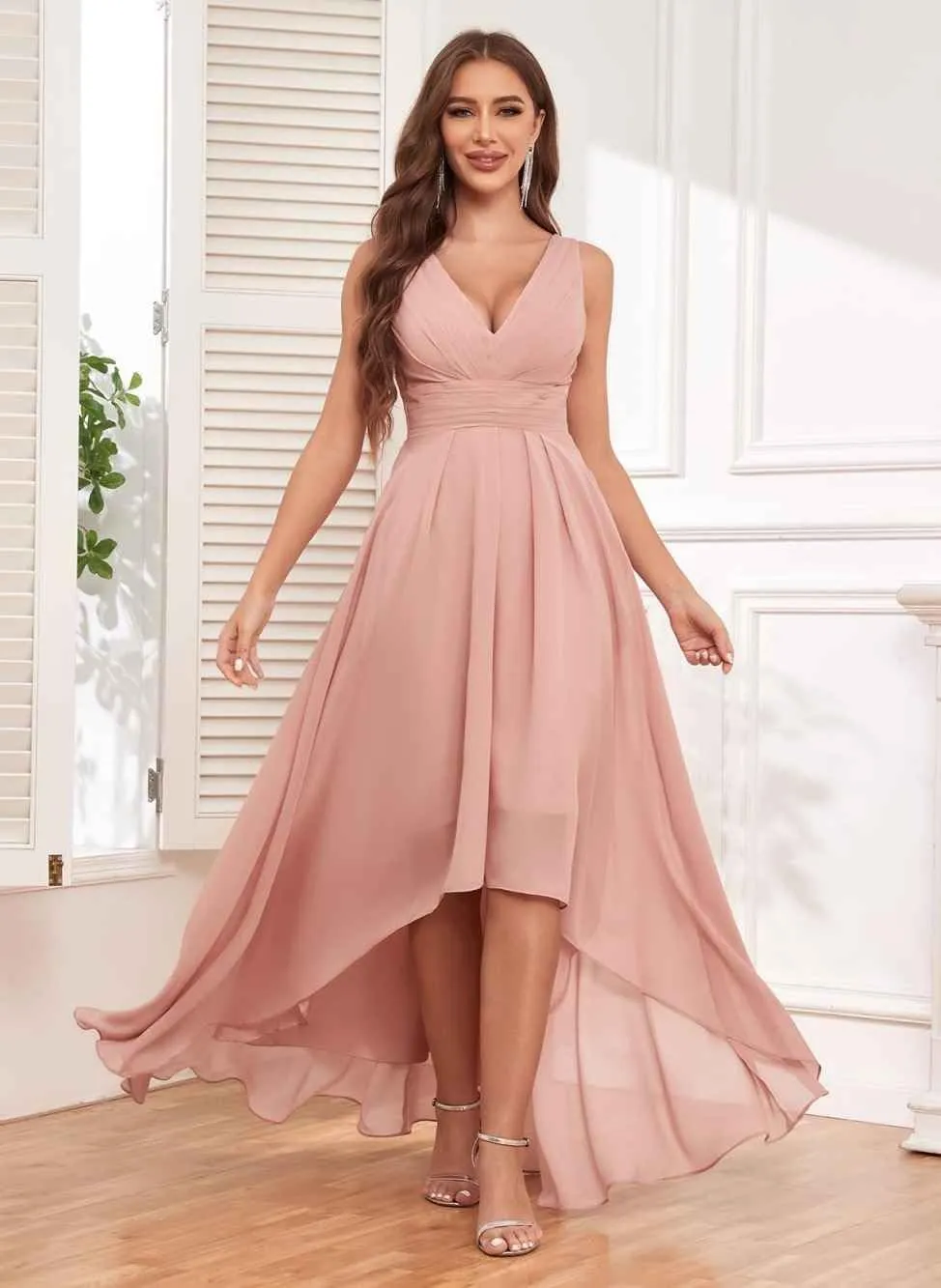 High Low Bridesmaid Dresses for Women V Neck Chiffon Pleated Long Formal Evening Gowns