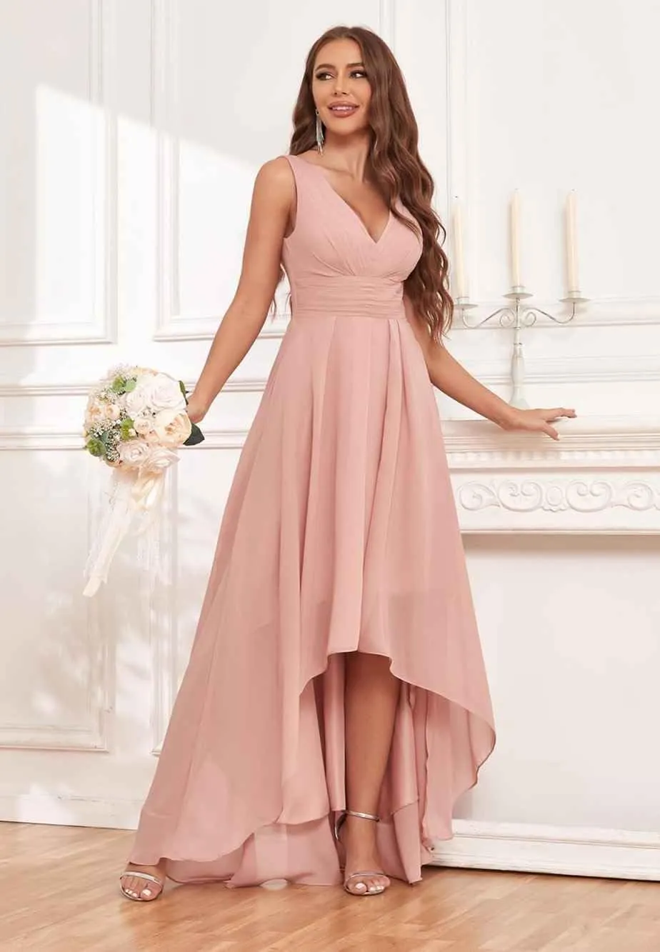 High Low Bridesmaid Dresses for Women V Neck Chiffon Pleated Long Formal Evening Gowns