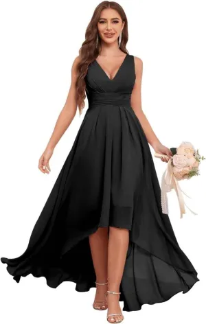 High Low Bridesmaid Dresses for Women V Neck Chiffon Pleated Long Formal Evening Gowns