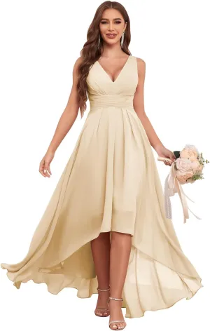 High Low Bridesmaid Dresses for Women V Neck Chiffon Pleated Long Formal Evening Gowns