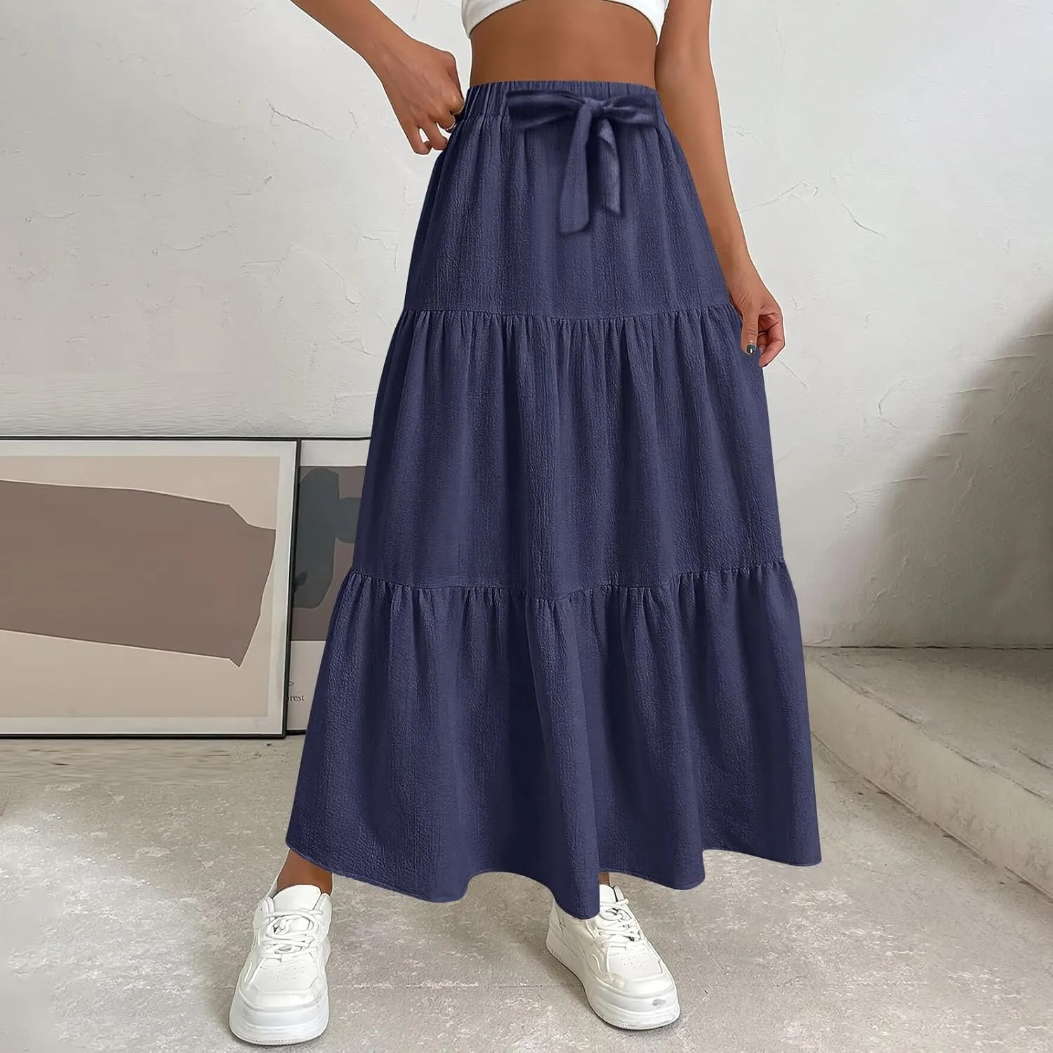 High Waist Tiered Skirts for Women Tiered A Line Ruffle Summer Pleated Flowy Elastic Skirts with Pockets