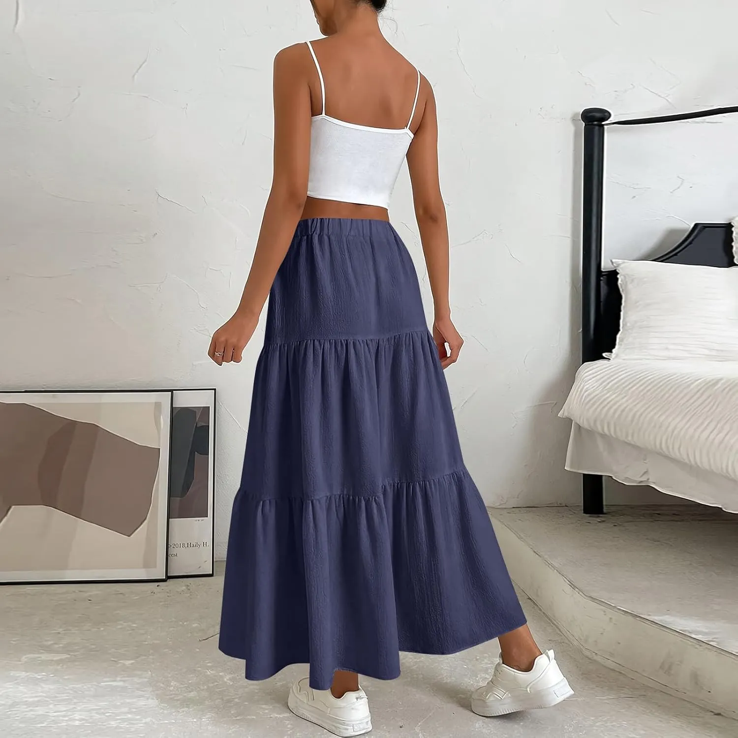 High Waist Tiered Skirts for Women Tiered A Line Ruffle Summer Pleated Flowy Elastic Skirts with Pockets