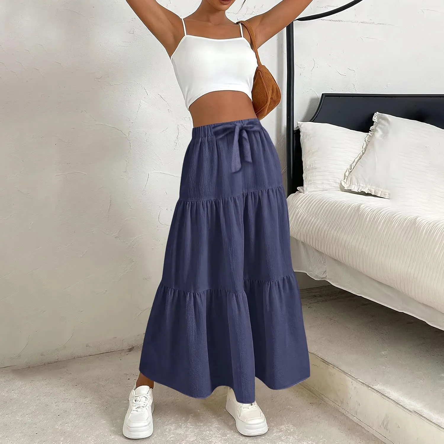 High Waist Tiered Skirts for Women Tiered A Line Ruffle Summer Pleated Flowy Elastic Skirts with Pockets