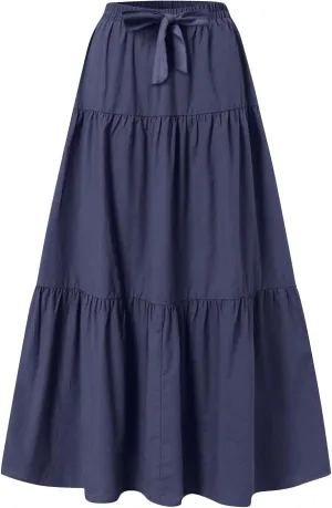 High Waist Tiered Skirts for Women Tiered A Line Ruffle Summer Pleated Flowy Elastic Skirts with Pockets