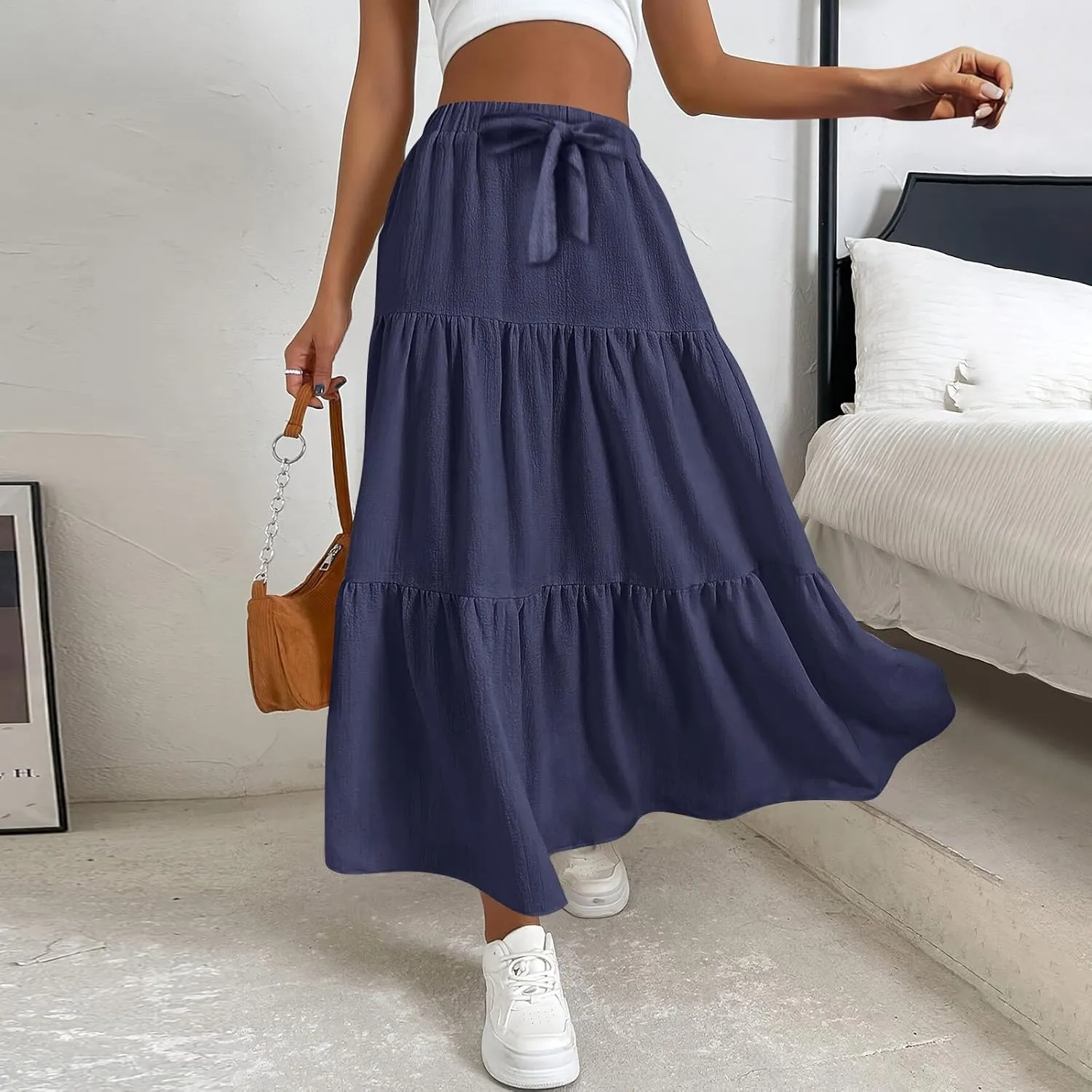 High Waist Tiered Skirts for Women Tiered A Line Ruffle Summer Pleated Flowy Elastic Skirts with Pockets