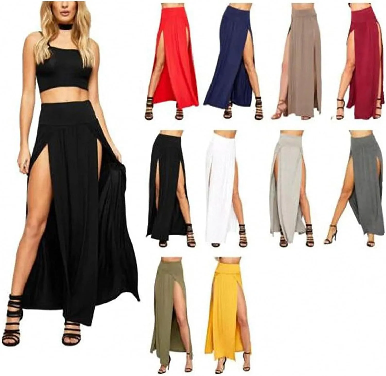 High Waisted Sexy Womens Double Slits Summer Solid Long Maxi Skirt Gifts Valentine's Day
