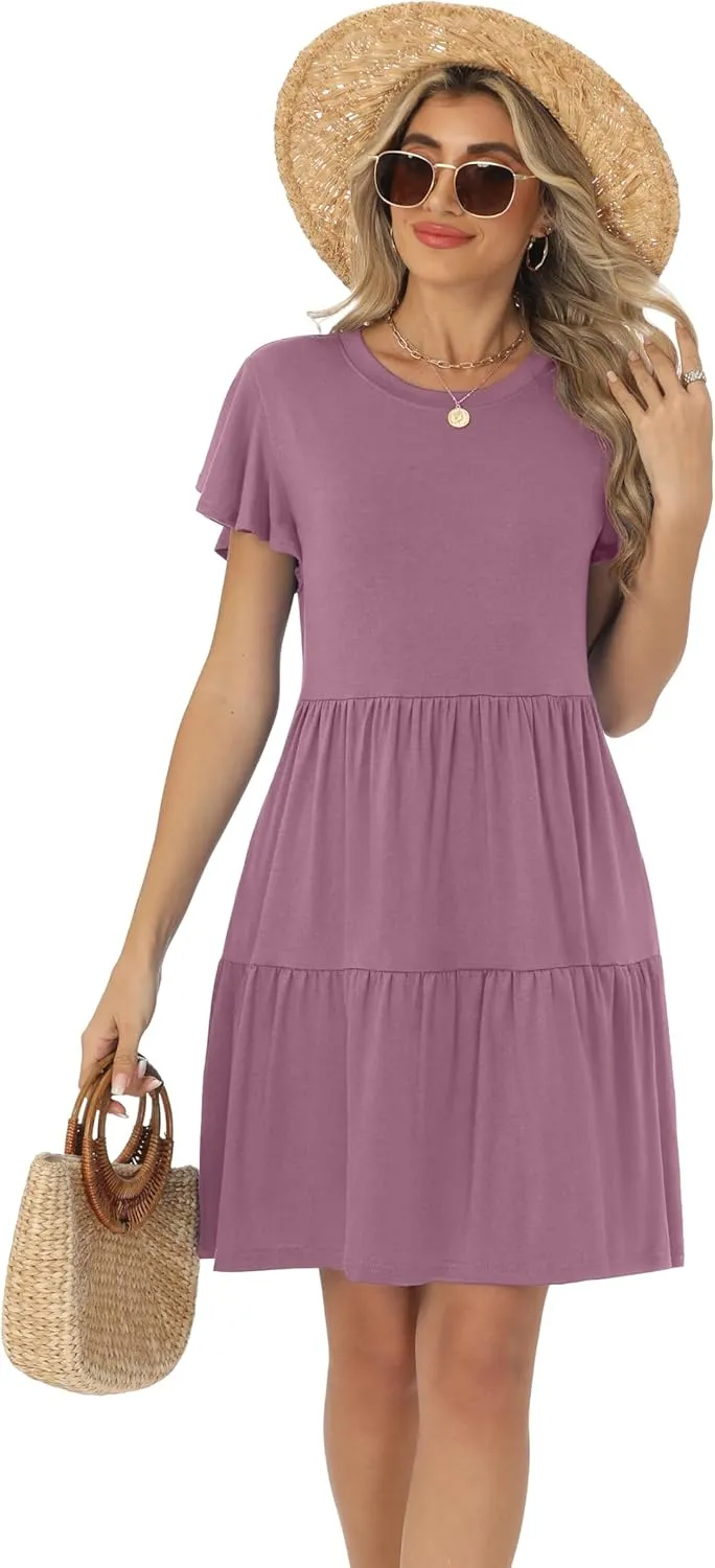 HiMONE Summer Dresses for Women 2025 Vacation Sundresses Ruffle Sleeve Boat Neck with Pockets A Line Casual Dress XS-2XL