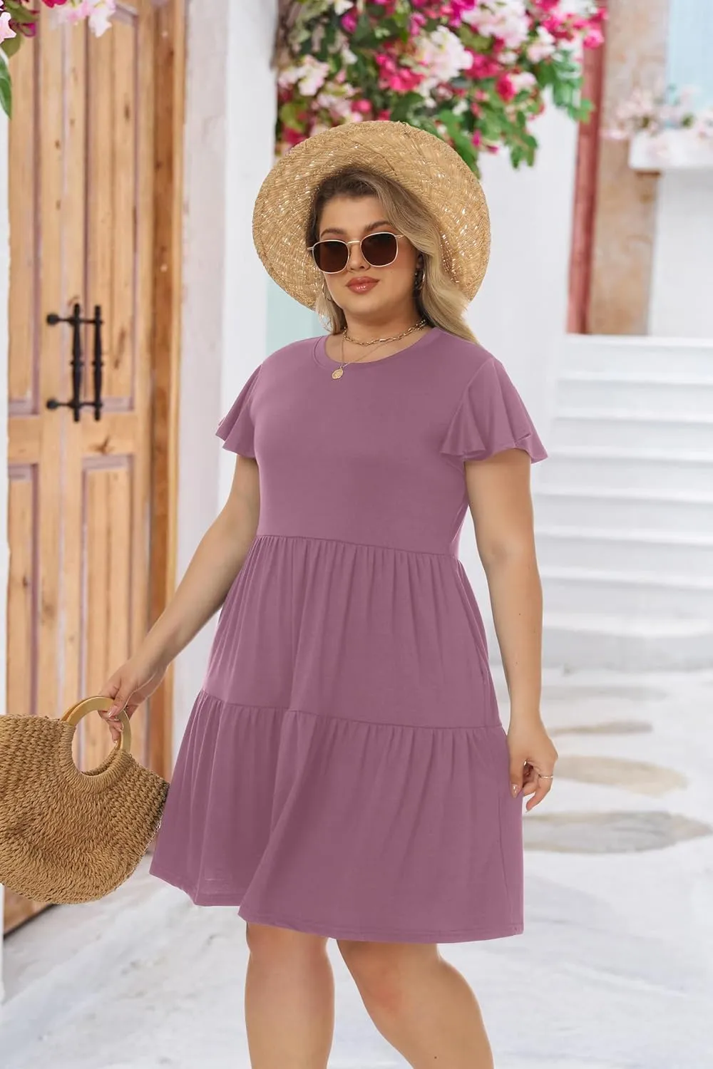 HiMONE Summer Dresses for Women 2025 Vacation Sundresses Ruffle Sleeve Boat Neck with Pockets A Line Casual Dress XS-2XL
