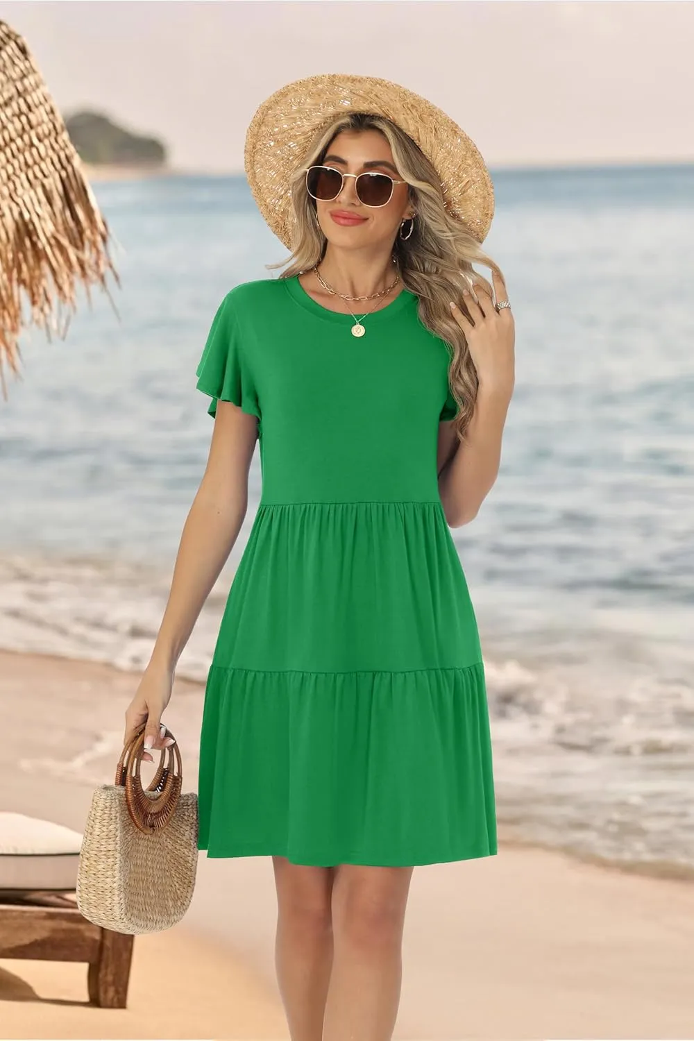 HiMONE Summer Dresses for Women 2025 Vacation Sundresses Ruffle Sleeve Boat Neck with Pockets A Line Casual Dress XS-2XL