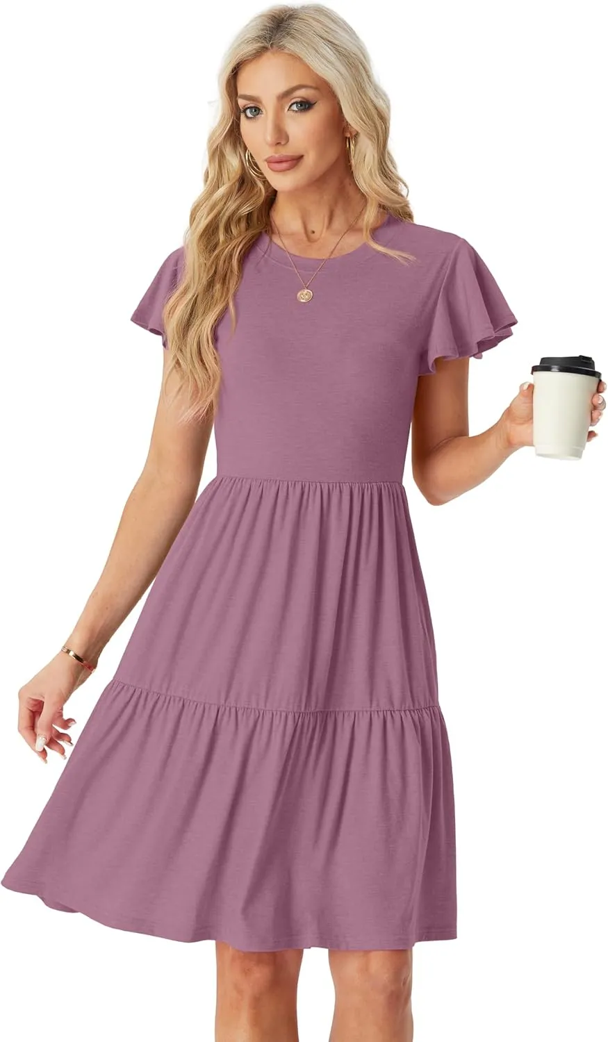 HiMONE Summer Dresses for Women 2025 Vacation Sundresses Ruffle Sleeve Boat Neck with Pockets A Line Casual Dress XS-2XL