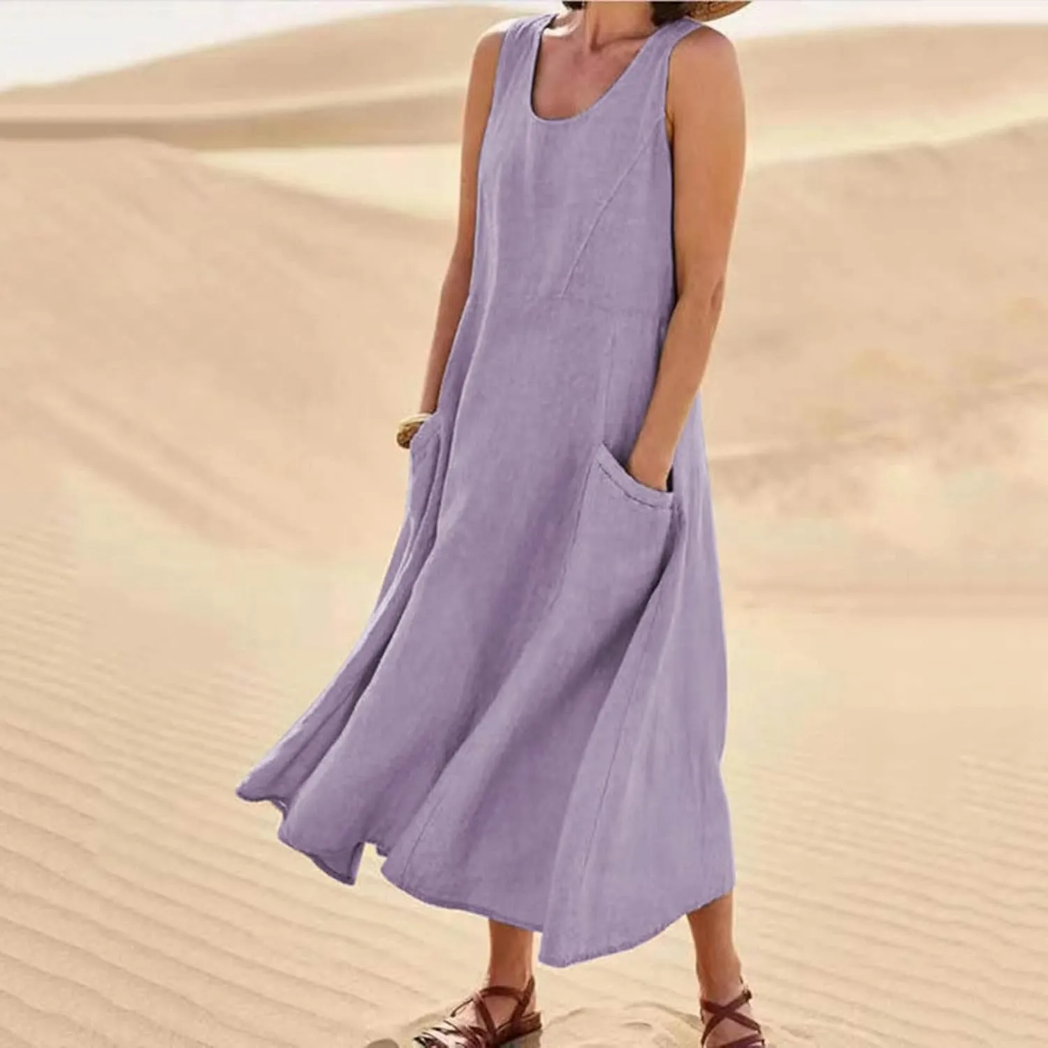 hlysgo Summer Dresses for Women 2024 Vacation Trendy Cotton Linen Beach Sundress with Pockets Casual Sleeveless Flowy Dress