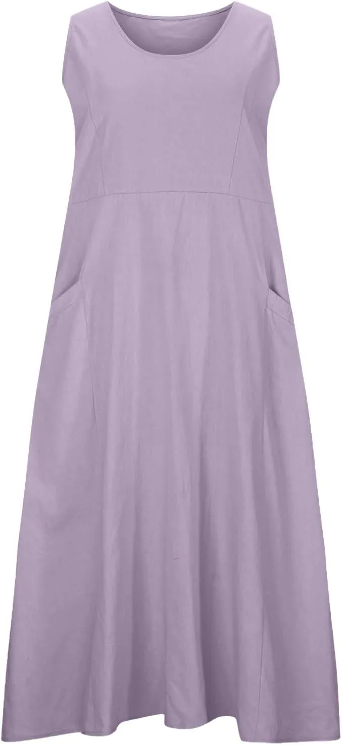 hlysgo Summer Dresses for Women 2024 Vacation Trendy Cotton Linen Beach Sundress with Pockets Casual Sleeveless Flowy Dress