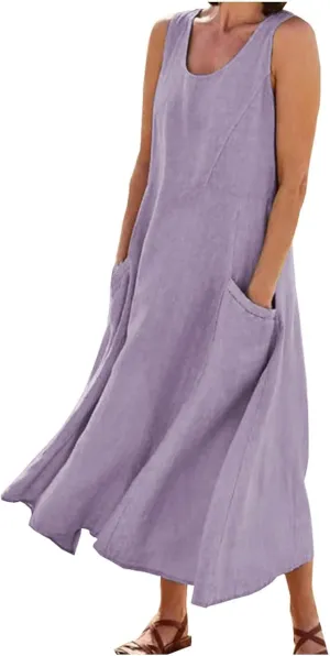hlysgo Summer Dresses for Women 2024 Vacation Trendy Cotton Linen Beach Sundress with Pockets Casual Sleeveless Flowy Dress