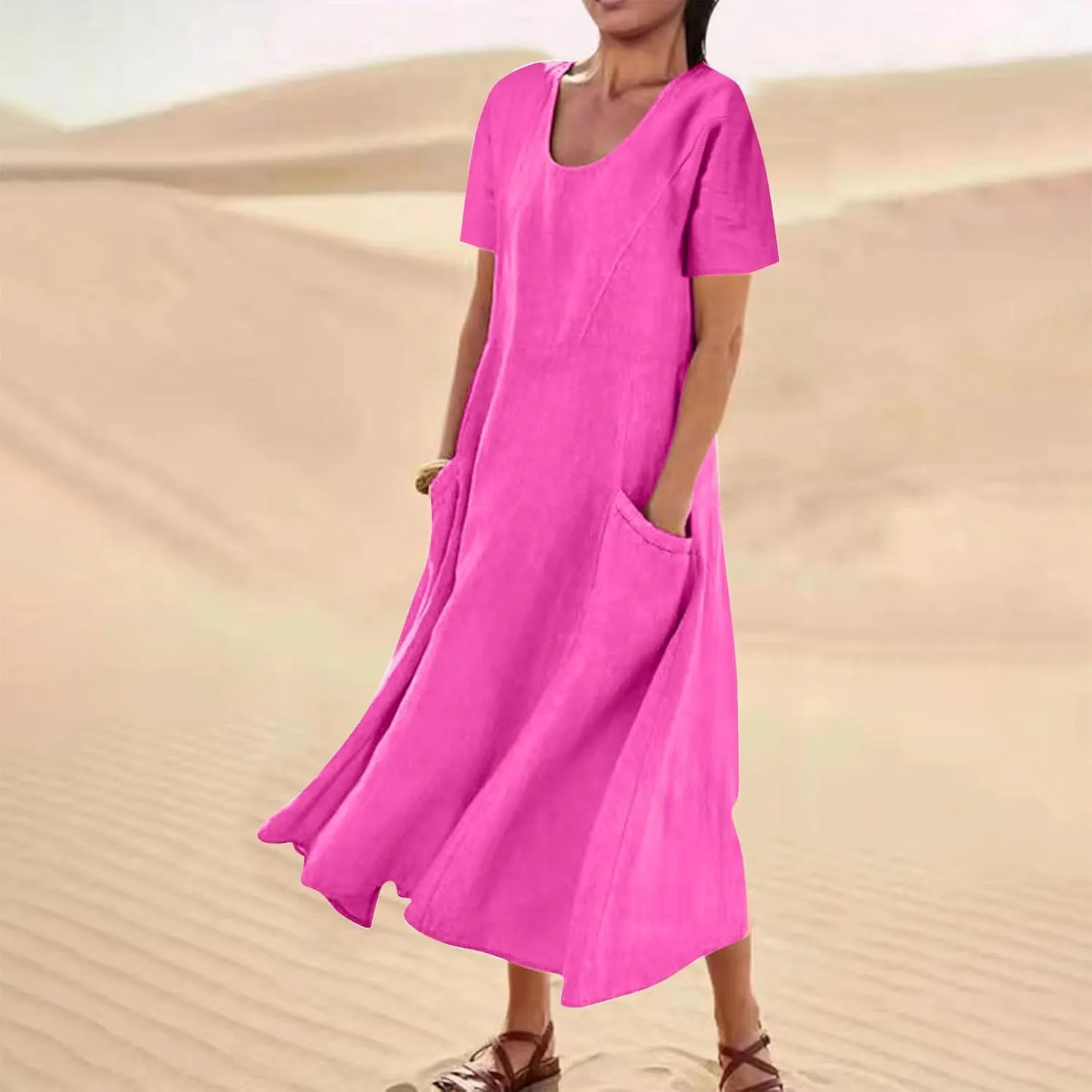 hlysgo Summer Dresses for Women 2025 Casual Cotton Linen Short Sleeve Midi Dress Flowy Beach Vacation Dress with Pockets