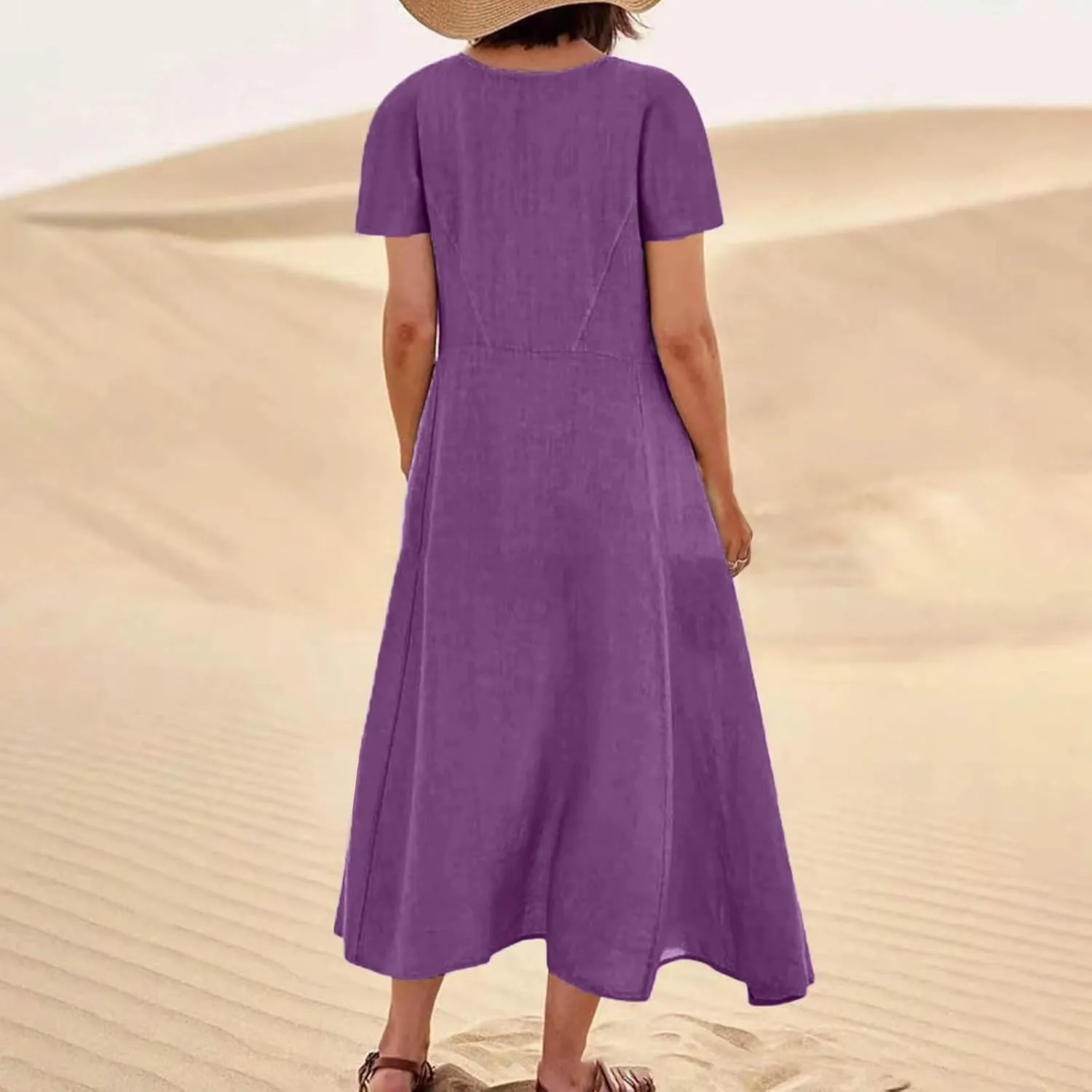 hlysgo Summer Dresses for Women 2025 Casual Cotton Linen Short Sleeve Midi Dress Flowy Beach Vacation Dress with Pockets