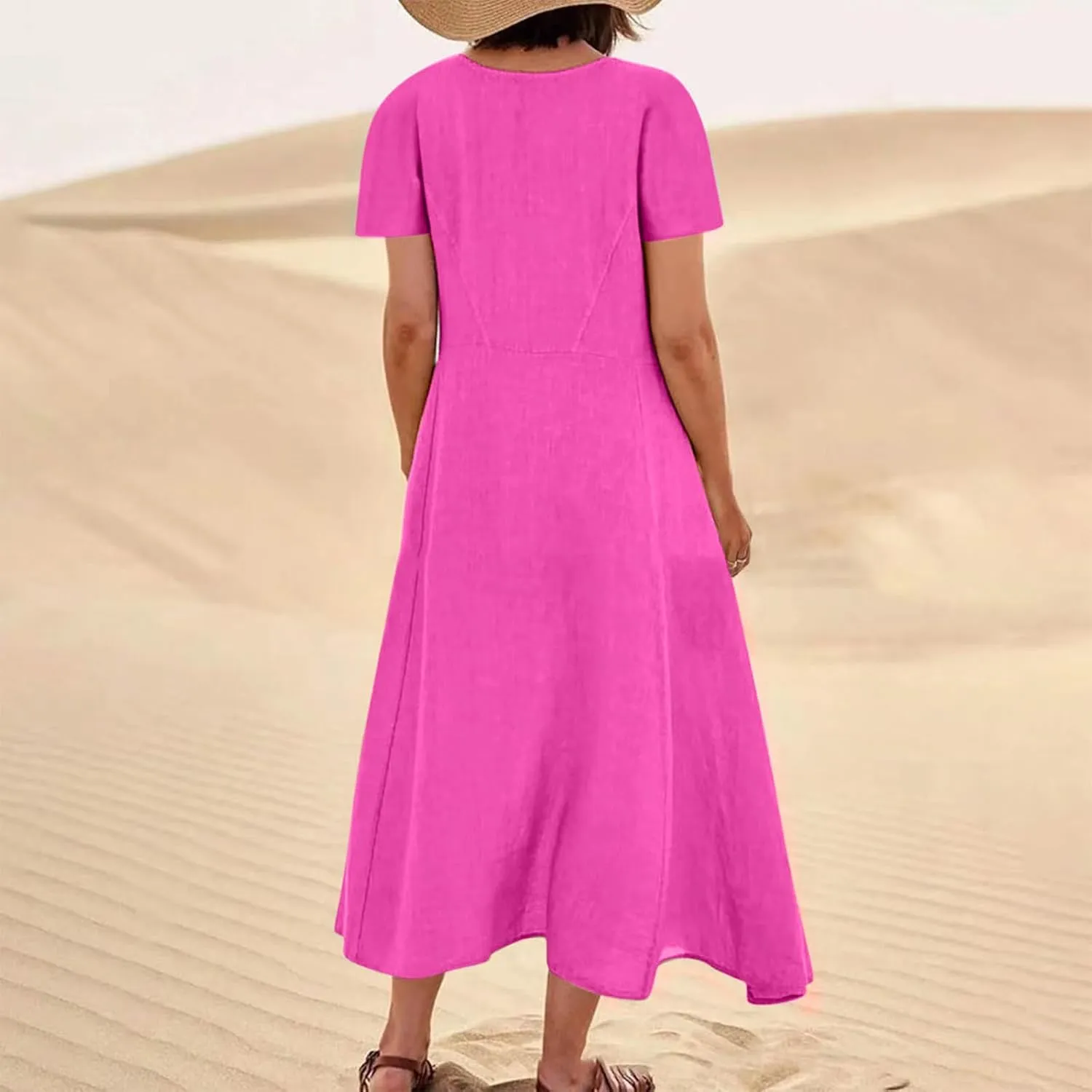 hlysgo Summer Dresses for Women 2025 Casual Cotton Linen Short Sleeve Midi Dress Flowy Beach Vacation Dress with Pockets