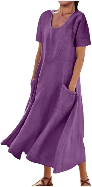 hlysgo Summer Dresses for Women 2025 Casual Cotton Linen Short Sleeve Midi Dress Flowy Beach Vacation Dress with Pockets