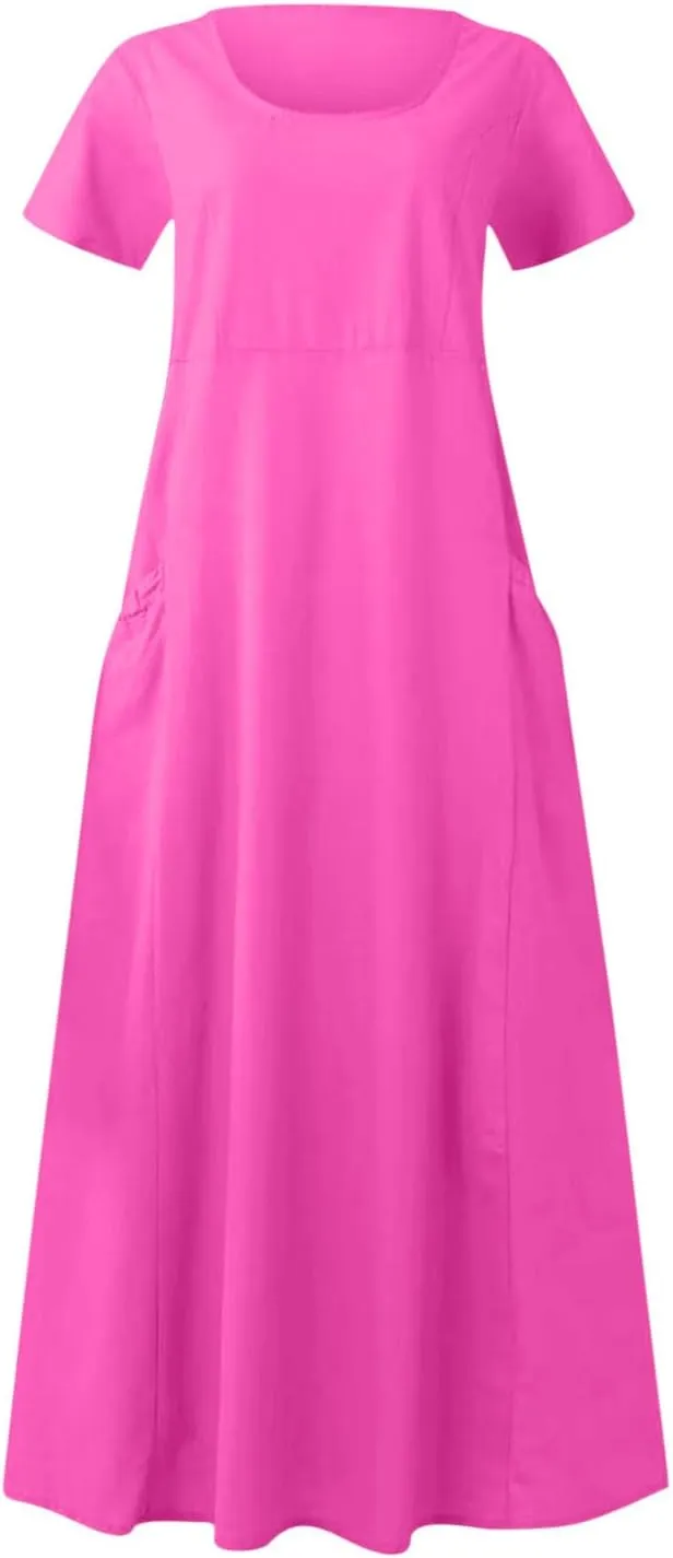 hlysgo Summer Dresses for Women 2025 Casual Cotton Linen Short Sleeve Midi Dress Flowy Beach Vacation Dress with Pockets