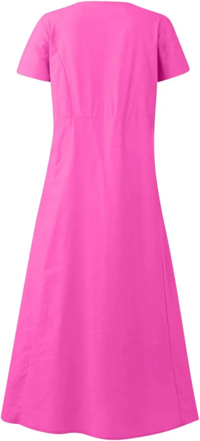 hlysgo Summer Dresses for Women 2025 Casual Cotton Linen Short Sleeve Midi Dress Flowy Beach Vacation Dress with Pockets