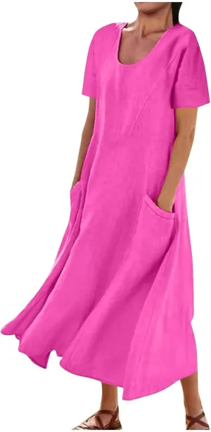 hlysgo Summer Dresses for Women 2025 Casual Cotton Linen Short Sleeve Midi Dress Flowy Beach Vacation Dress with Pockets