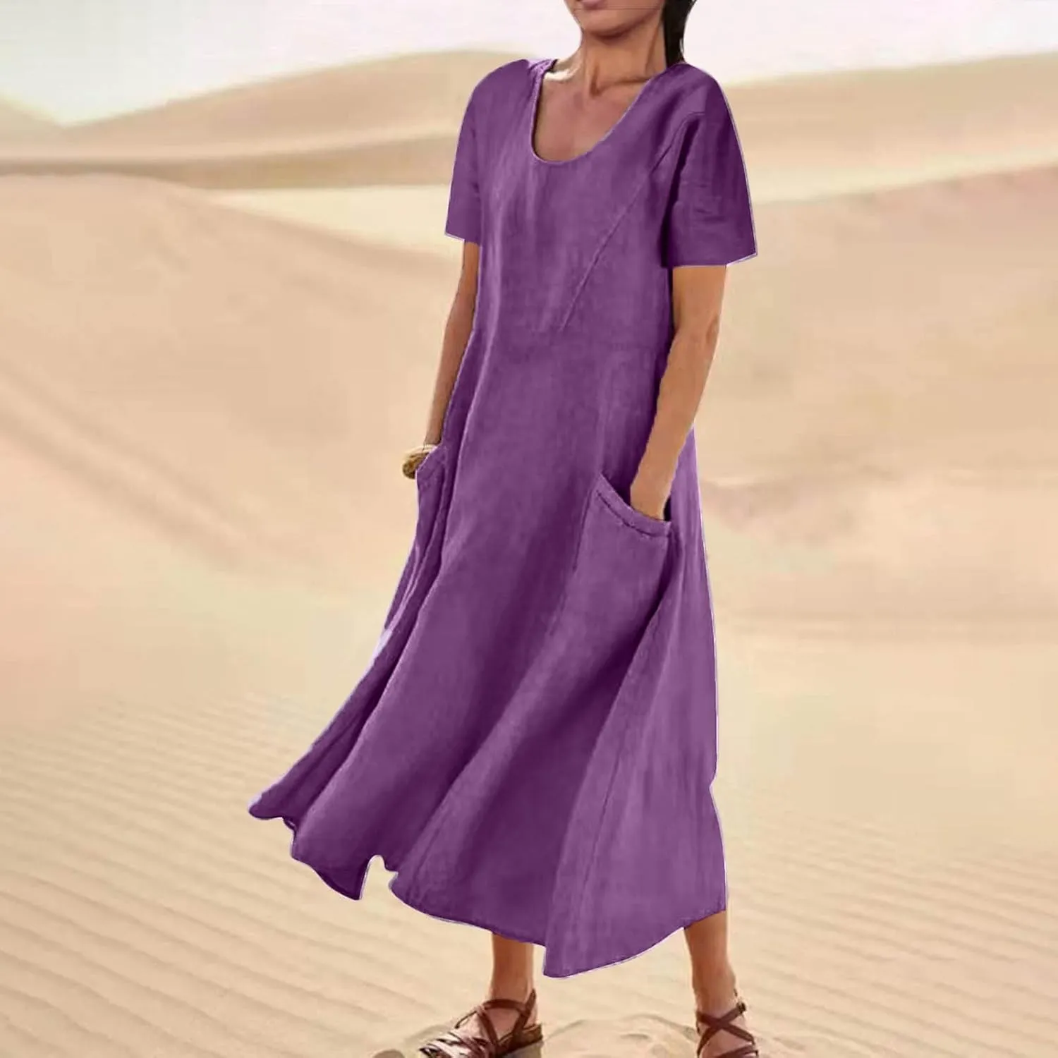 hlysgo Summer Dresses for Women 2025 Casual Cotton Linen Short Sleeve Midi Dress Flowy Beach Vacation Dress with Pockets