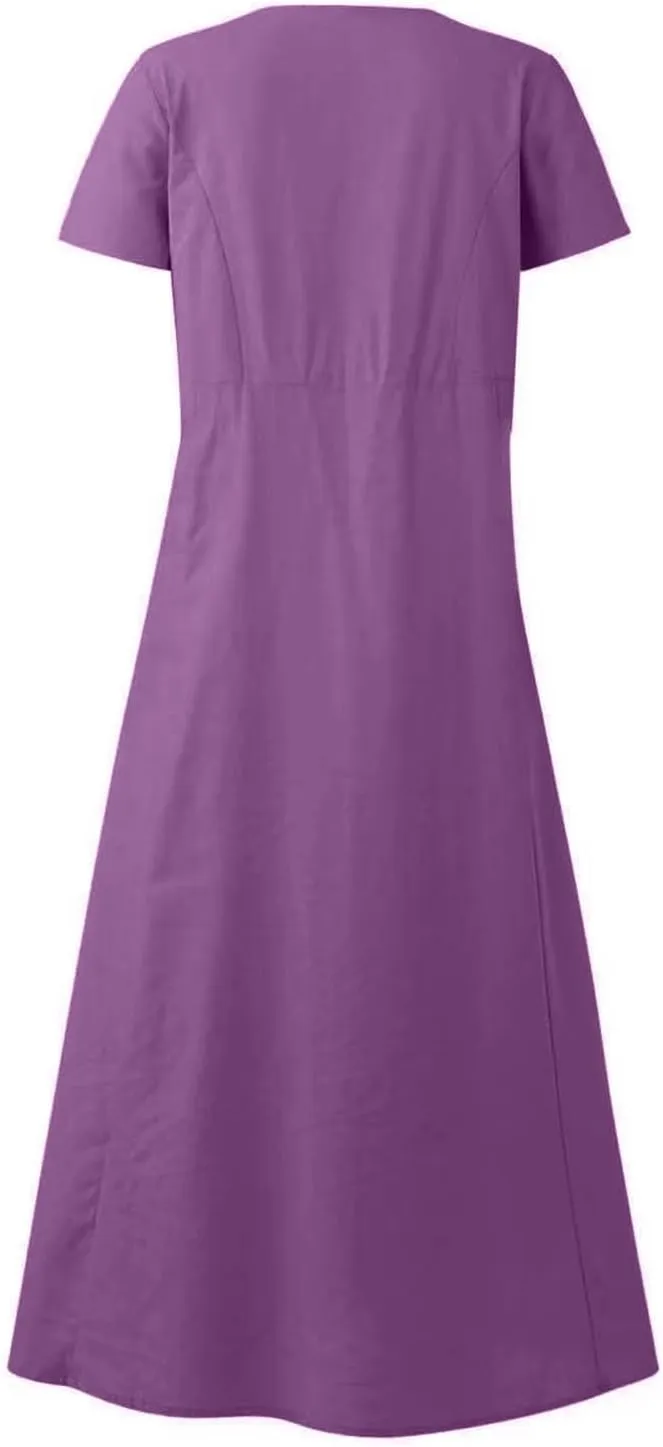 hlysgo Summer Dresses for Women 2025 Casual Cotton Linen Short Sleeve Midi Dress Flowy Beach Vacation Dress with Pockets