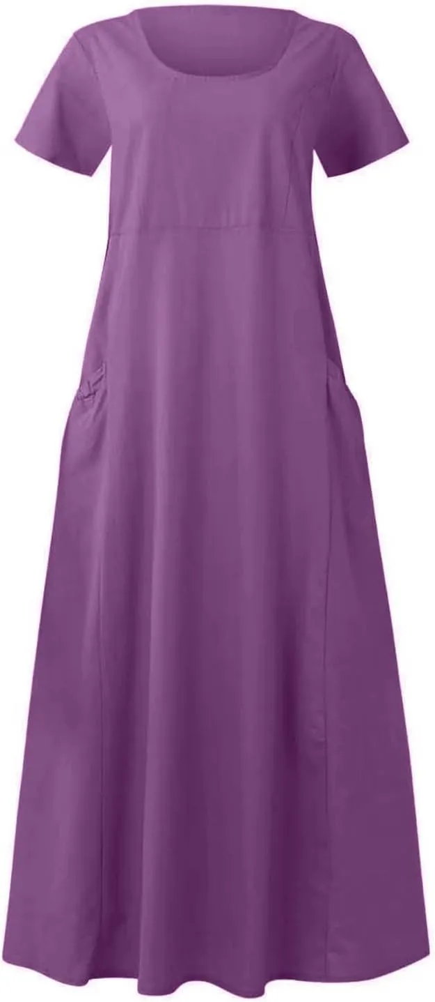 hlysgo Summer Dresses for Women 2025 Casual Cotton Linen Short Sleeve Midi Dress Flowy Beach Vacation Dress with Pockets