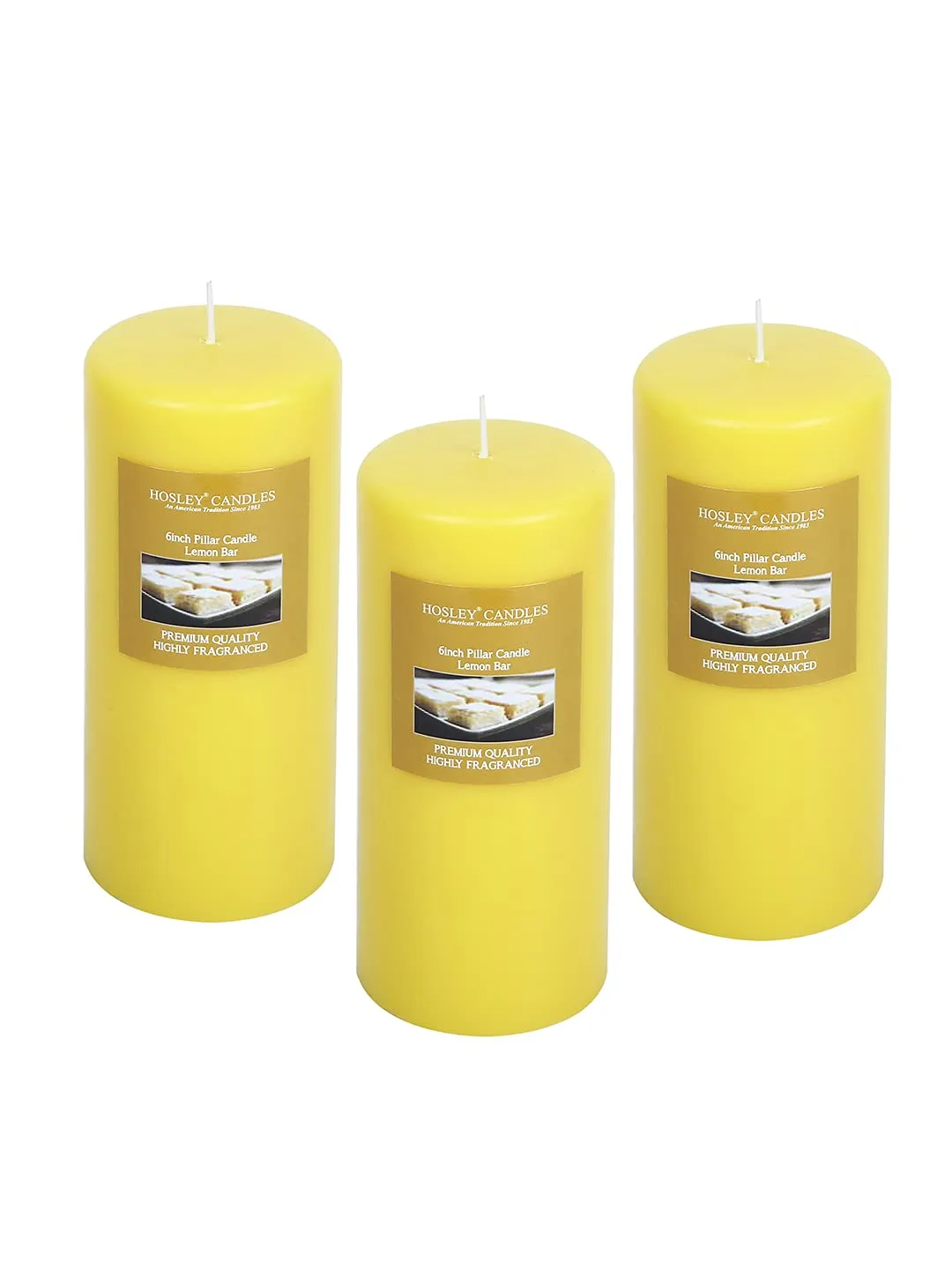 HOSLEY Lemon Bar Fragrance Yellow Pillar Candles|Soy & Paraffin Wax Candles for Home Decor|90 Hours Burn Time Each| Smokeless & Dripless|2.75 Inch Diameter|Pack of 3 (6 Inch Long Each)