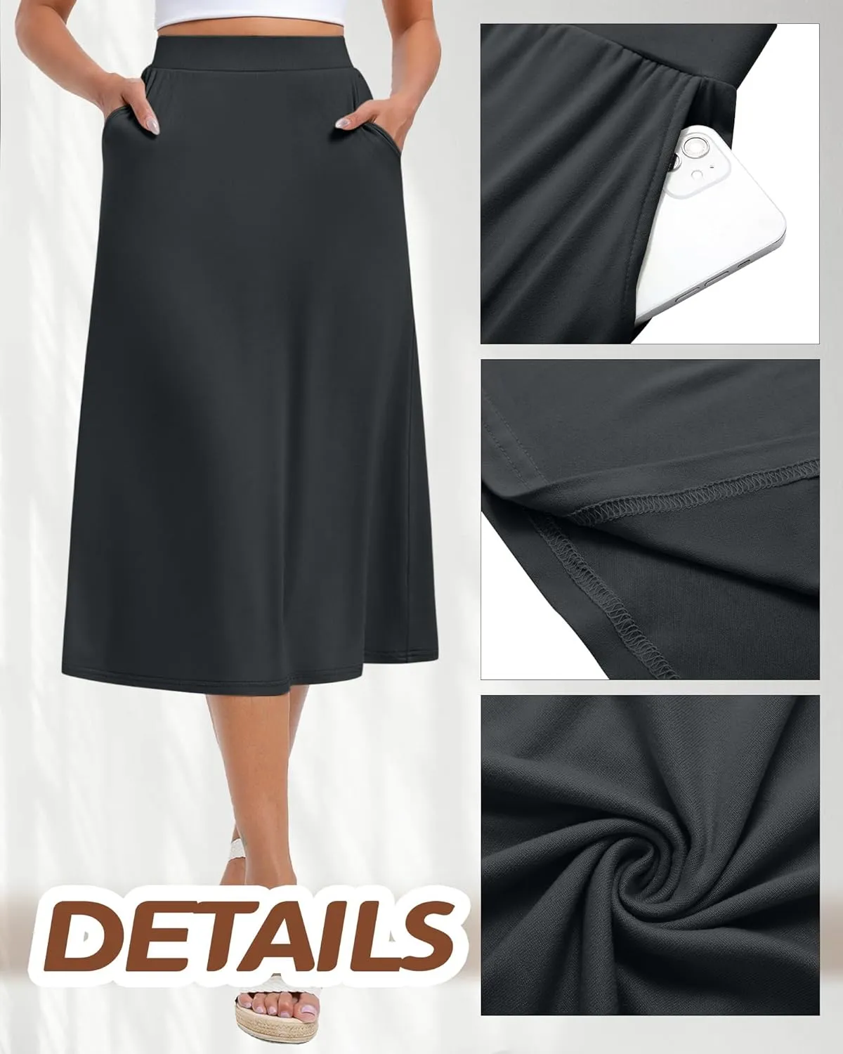 Huukeay 3 Pack Women's Midi Skirts with Pockets A Line Flared Stretchy High Waist Below Knee Skirt Dressy Summer Casual