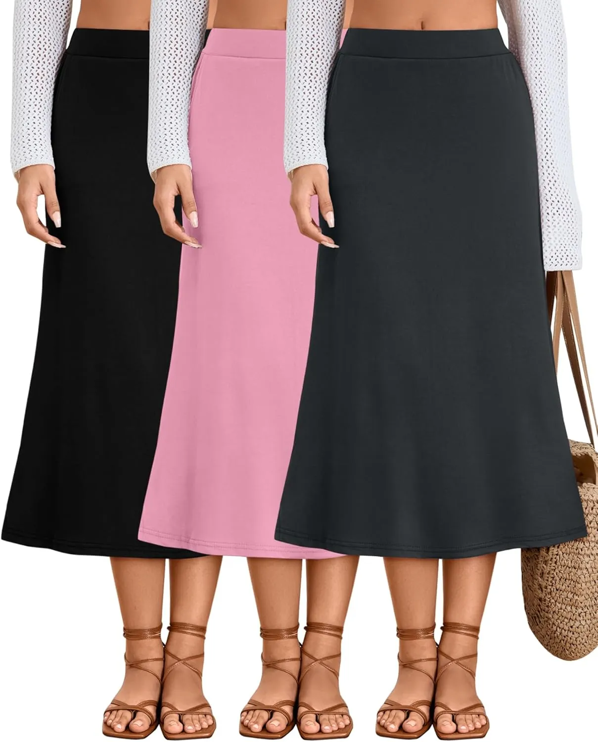 Huukeay 3 Pack Women's Midi Skirts with Pockets A Line Flared Stretchy High Waist Below Knee Skirt Dressy Summer Casual