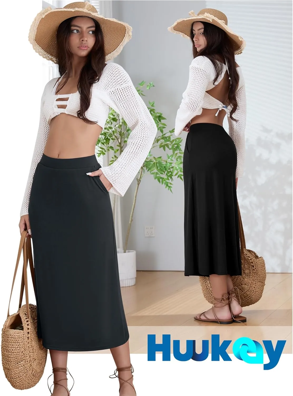 Huukeay 3 Pack Women's Midi Skirts with Pockets A Line Flared Stretchy High Waist Below Knee Skirt Dressy Summer Casual