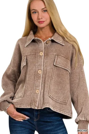 Immerse Yourself Mocha Cropped Acid Wash Shacket (Size L/XL)