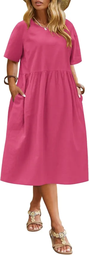 IN'VOLAND Plus Size Cotton Linen Dresses for Women Short Sleeve Summer Midi Dress with Pockets