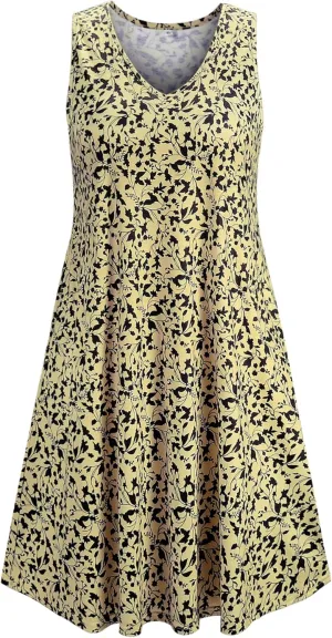 Ivicoer Women's Summer Beach Dresses V-Neck Floral Printed Tank Swing Dress Plus Size with Pocket(L-5XL)