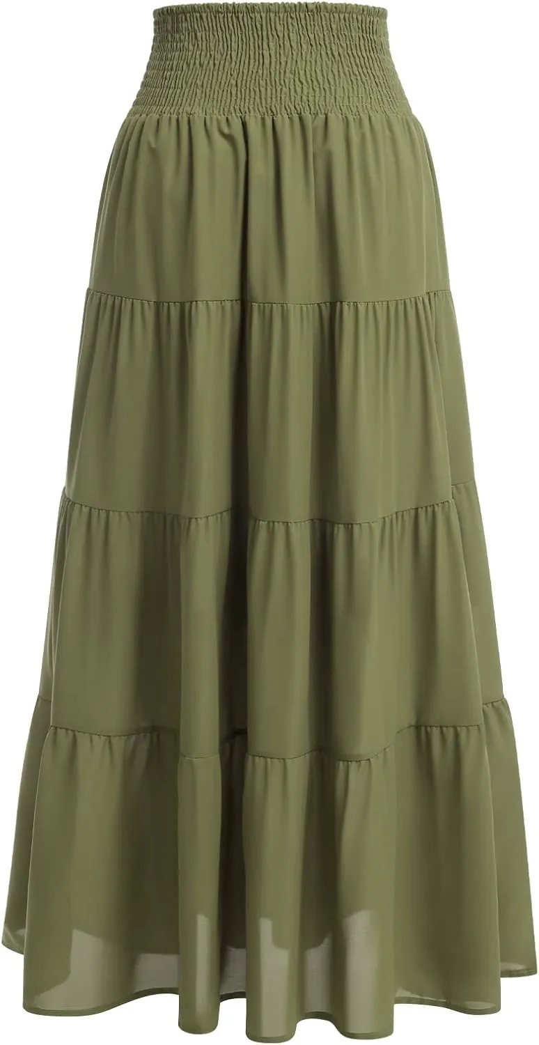 IWEMEK Women Boho Elastic Waist A Line Ruffle Beach Convertible Maxi Skirt Dress Tired Pleated Drawstring Chiffon Long Skirts