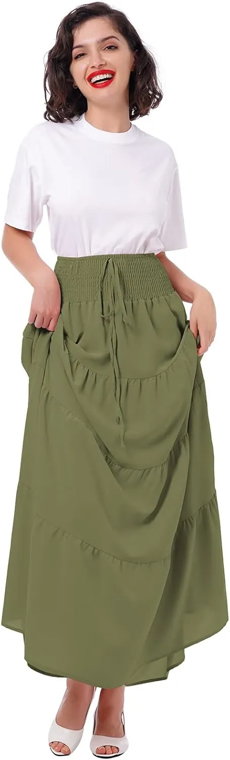 IWEMEK Women Boho Elastic Waist A Line Ruffle Beach Convertible Maxi Skirt Dress Tired Pleated Drawstring Chiffon Long Skirts