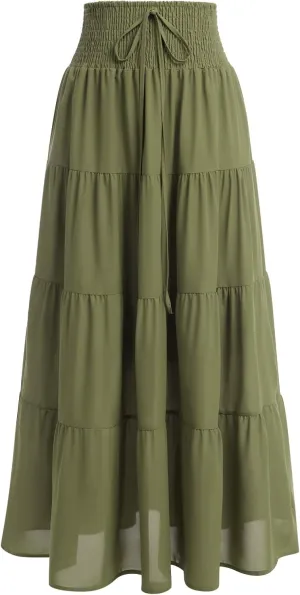 IWEMEK Women Boho Elastic Waist A Line Ruffle Beach Convertible Maxi Skirt Dress Tired Pleated Drawstring Chiffon Long Skirts
