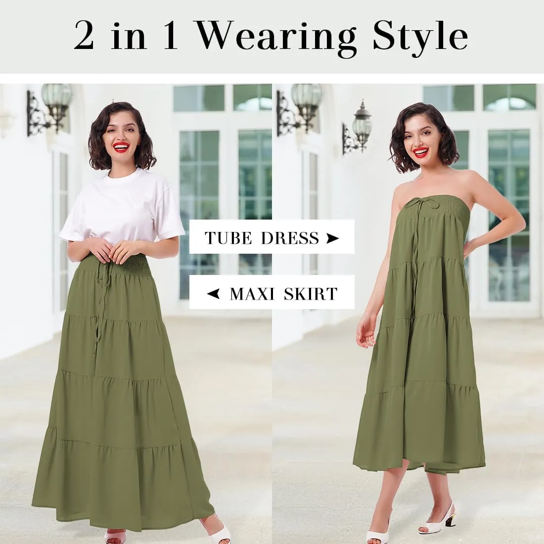 IWEMEK Women Boho Elastic Waist A Line Ruffle Beach Convertible Maxi Skirt Dress Tired Pleated Drawstring Chiffon Long Skirts