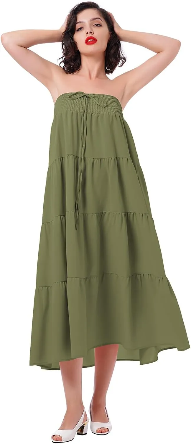 IWEMEK Women Boho Elastic Waist A Line Ruffle Beach Convertible Maxi Skirt Dress Tired Pleated Drawstring Chiffon Long Skirts