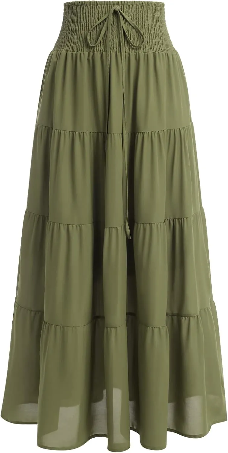 IWEMEK Women Boho Elastic Waist A Line Ruffle Beach Convertible Maxi Skirt Dress Tired Pleated Drawstring Chiffon Long Skirts