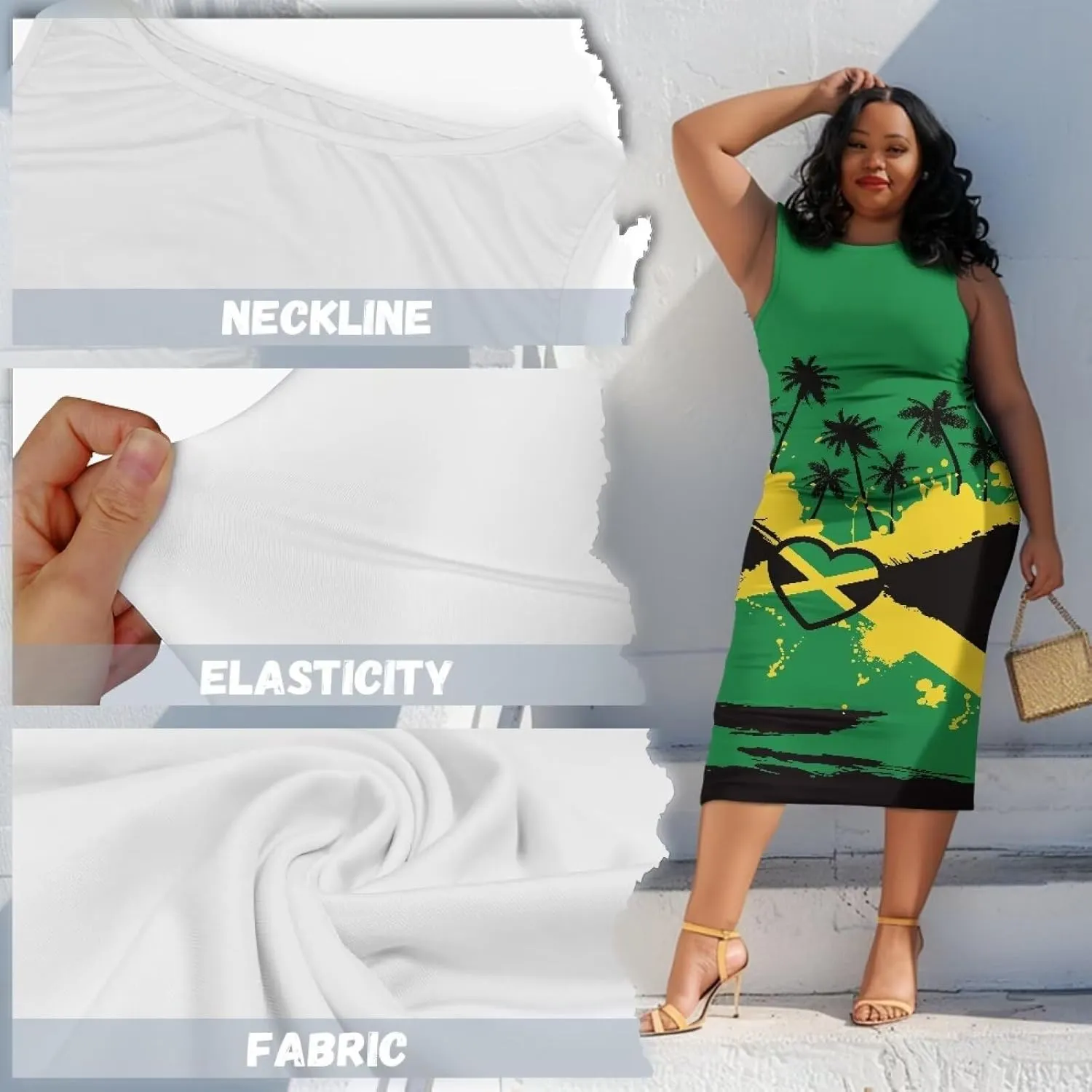 Jamaican Dress for Women Vintage Jamaica Flag Geometric Print Sleeveless Maxi Dresses Party Club