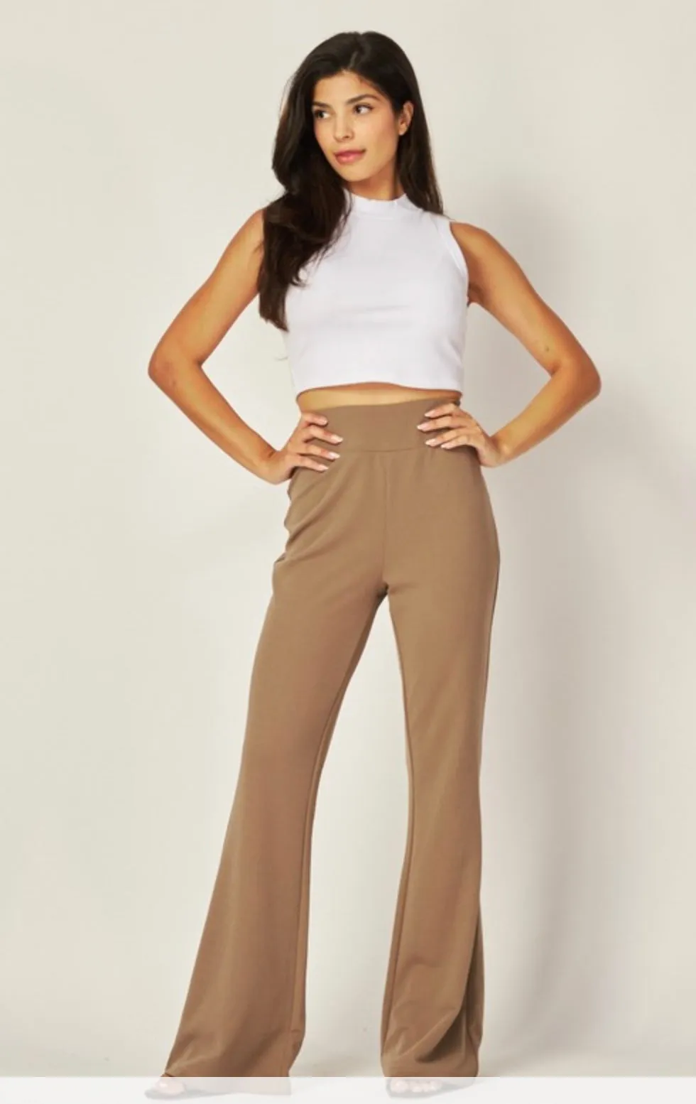 Jill Knit Crepe High Waist Flare Pants - Taupe
