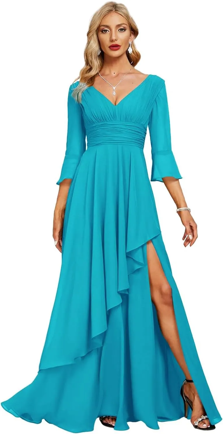 Jingguo'er V Neck Mother of The Bride Dresses for Women Long Sleeves Chiffon Aline Formal Evening Gowns with Slit
