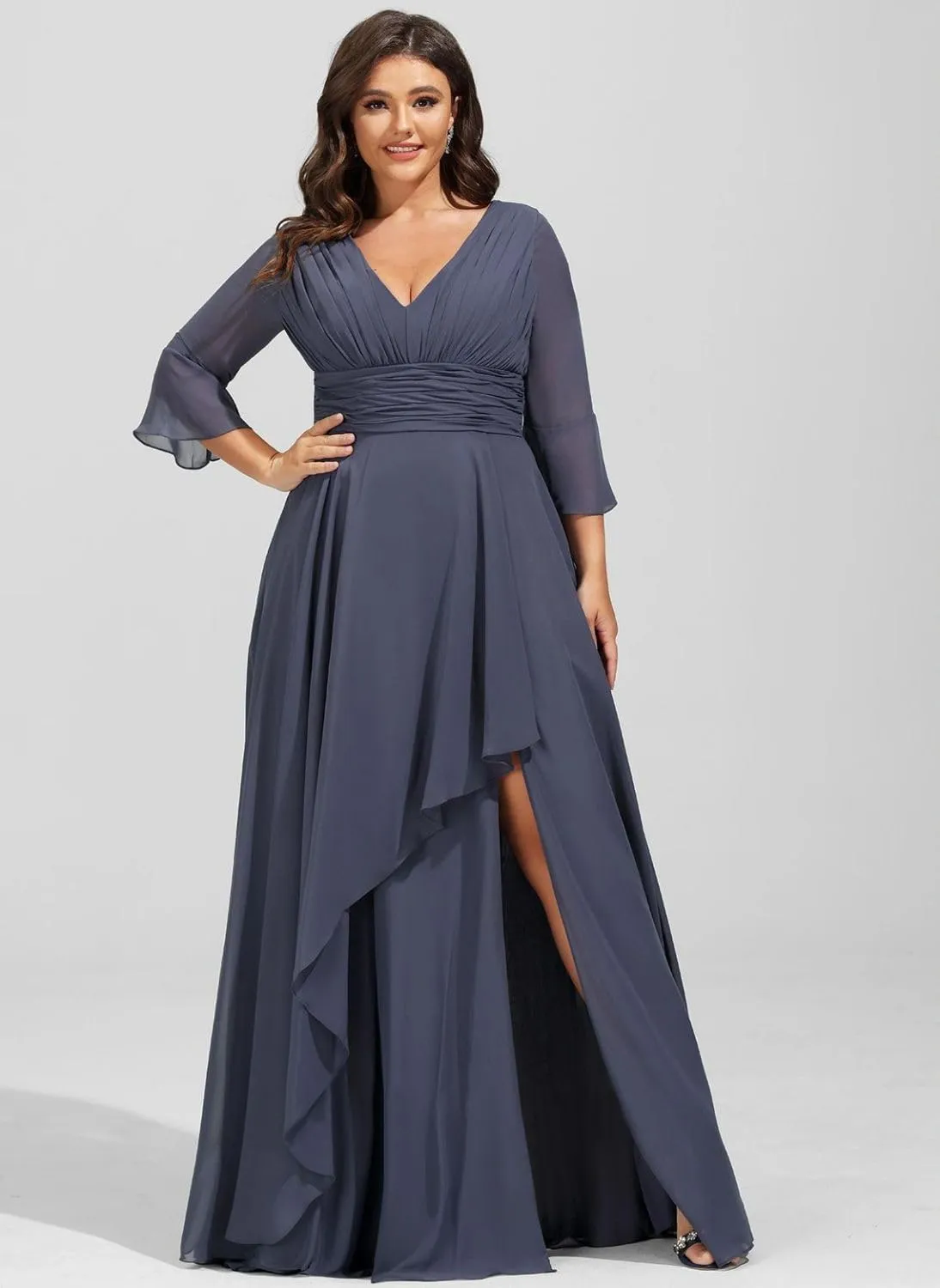 Jingguo'er V Neck Mother of The Bride Dresses for Women Long Sleeves Chiffon Aline Formal Evening Gowns with Slit