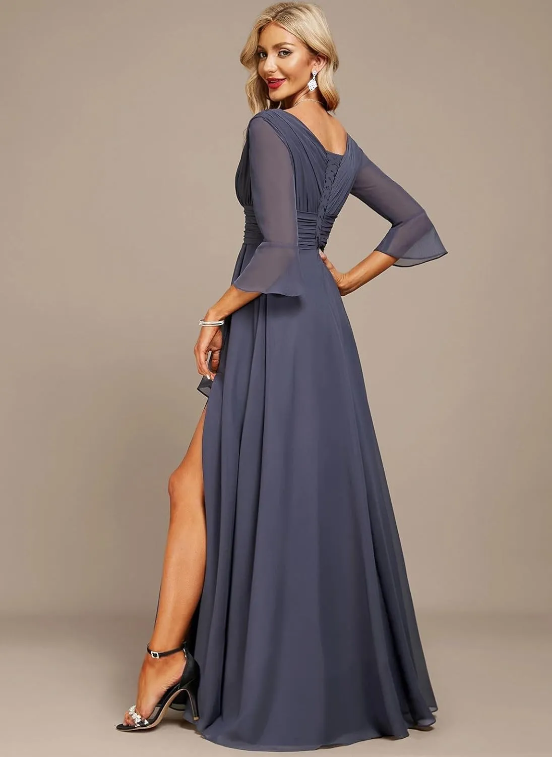 Jingguo'er V Neck Mother of The Bride Dresses for Women Long Sleeves Chiffon Aline Formal Evening Gowns with Slit
