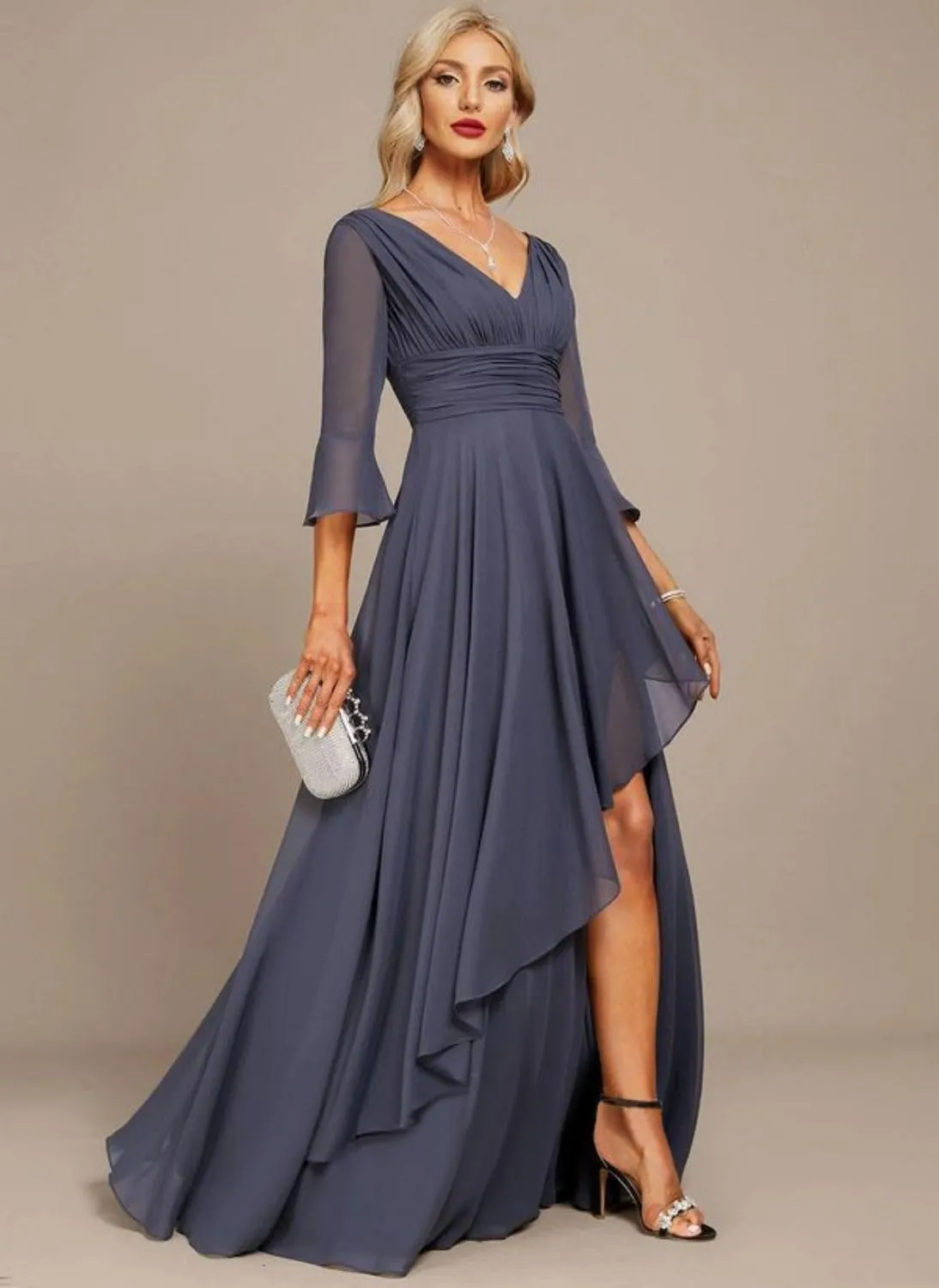 Jingguo'er V Neck Mother of The Bride Dresses for Women Long Sleeves Chiffon Aline Formal Evening Gowns with Slit