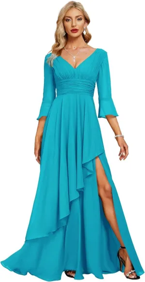 Jingguo'er V Neck Mother of The Bride Dresses for Women Long Sleeves Chiffon Aline Formal Evening Gowns with Slit