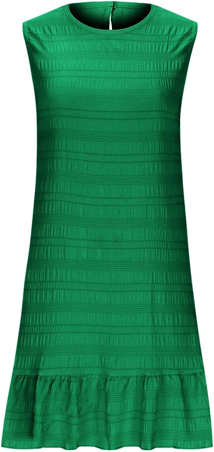 JOAU Summer Dresses for Women 2025 Casual Sleeveless Round Neck Tank Mini Short Dress A-Line Pleated Ruffle Ruched Sundress