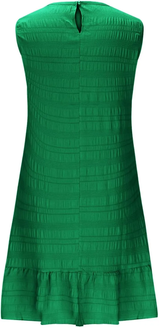 JOAU Summer Dresses for Women 2025 Casual Sleeveless Round Neck Tank Mini Short Dress A-Line Pleated Ruffle Ruched Sundress