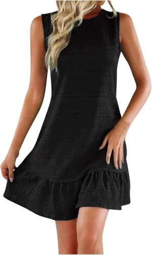 JOAU Women Summer Casual Sundress Sleeveless Bow Tie Backless Tank Dress Flowy Tiered Ruffle Swing Mini Beach Vacation Dress